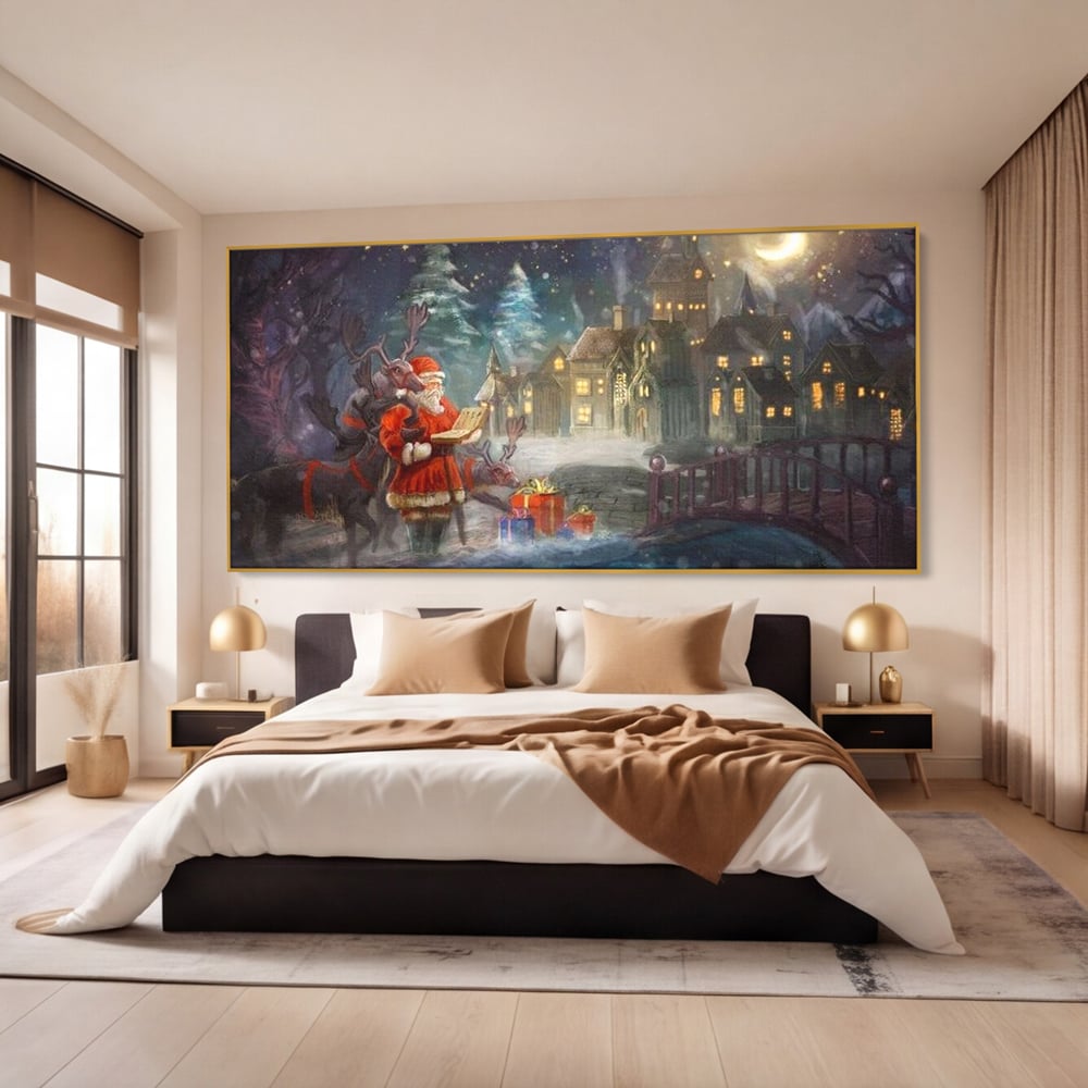 Tablou Canvas Premium LuxCanva® D1003, Lista lui Mos Craciun , Daruri, Reni, Munti, Alb, Ajun, Sanie, Camera copii, Dormitor