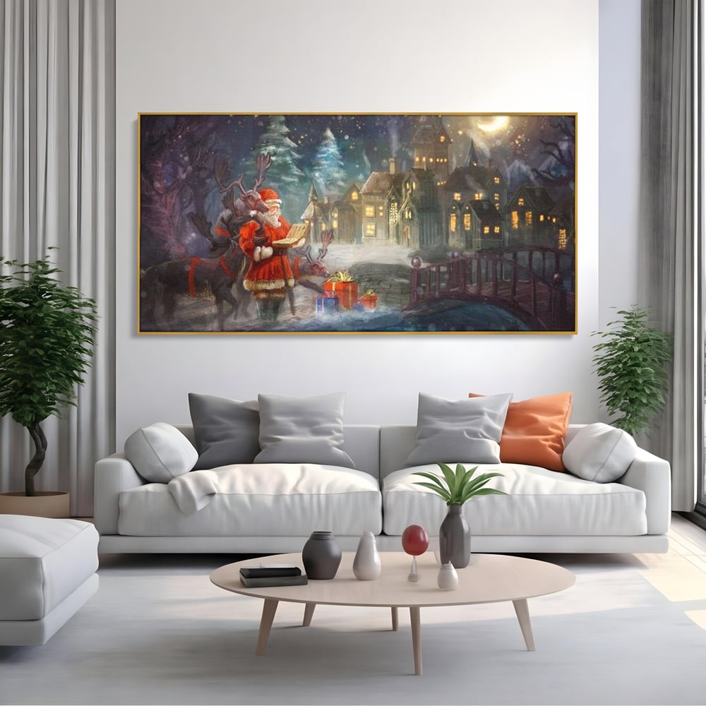 Tablou Canvas Premium LuxCanva® D1003, Lista lui Mos Craciun , Daruri, Reni, Munti, Alb, Ajun, Sanie, Camera copii, Dormitor