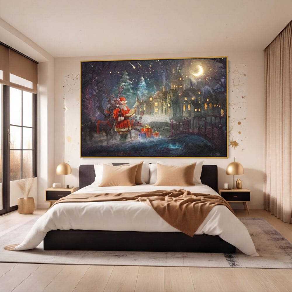 Tablou Canvas Premium LuxCanva® D1003, Lista lui Mos Craciun , Daruri, Reni, Munti, Alb, Ajun, Sanie, Camera copii, Dormitor