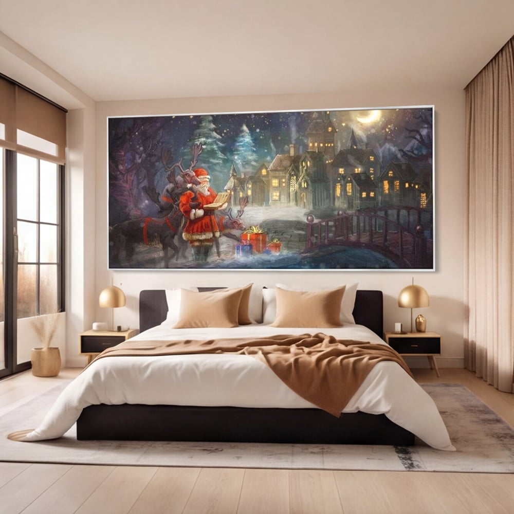 Tablou Canvas Premium LuxCanva® D1003, Lista lui Mos Craciun , Daruri, Reni, Munti, Alb, Ajun, Sanie, Camera copii, Dormitor