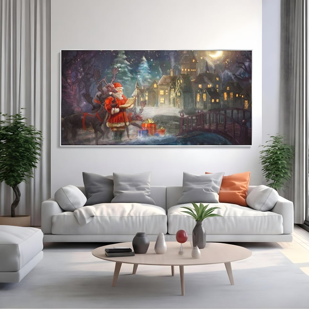 Tablou Canvas Premium LuxCanva® D1003, Lista lui Mos Craciun , Daruri, Reni, Munti, Alb, Ajun, Sanie, Camera copii, Dormitor