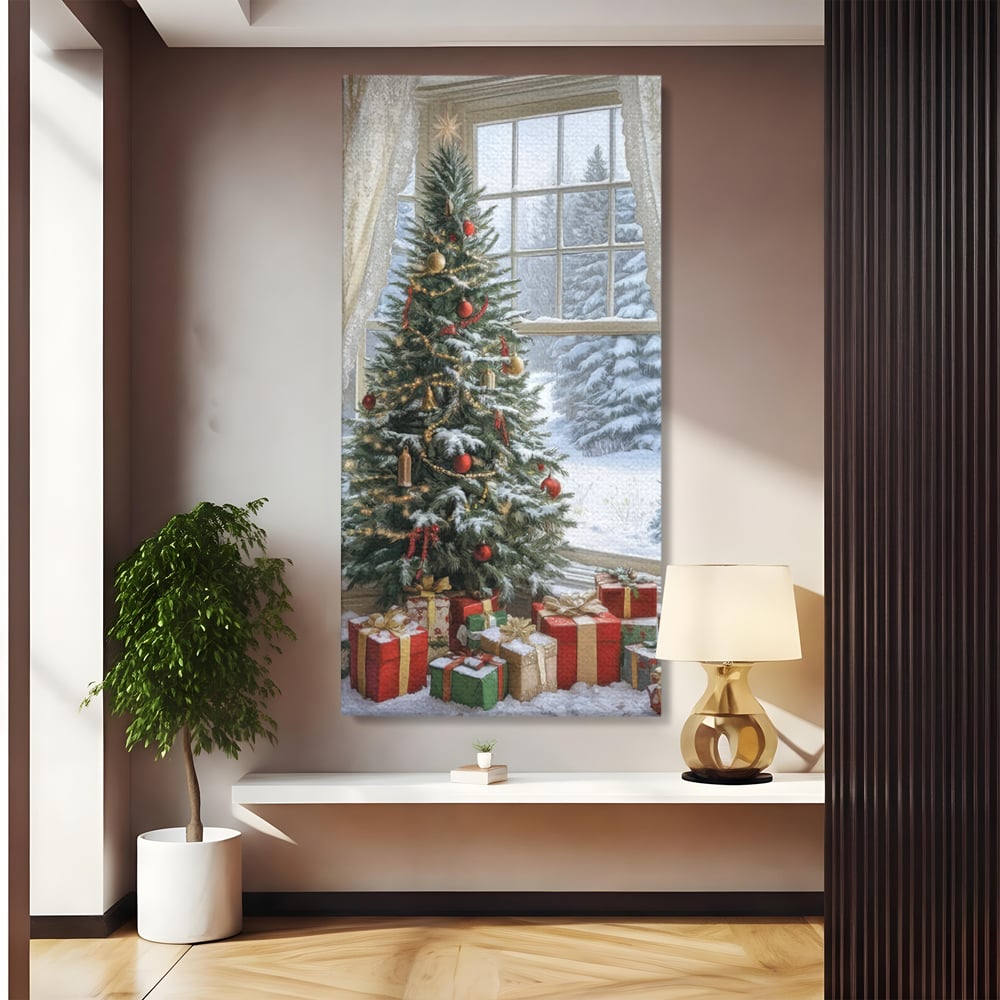 Tablou Canvas Premium LuxCanva® D1004, Brad de Craciun , Relaxare, Family, Sarbatori, Living Room, Globuri, Culori Vibrante