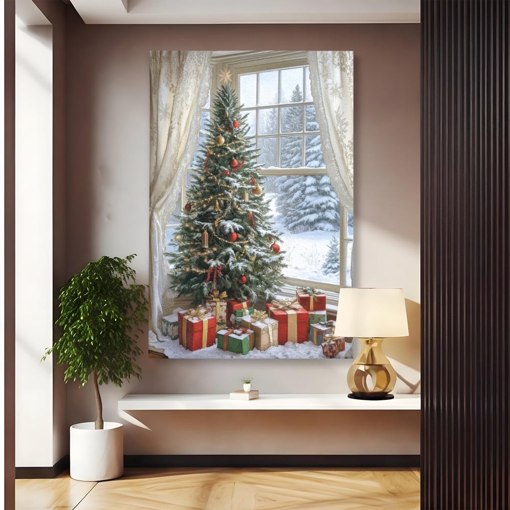Tablou Canvas Premium LuxCanva® D1004, Brad de Craciun , Relaxare, Family, Sarbatori, Living Room, Globuri, Culori Vibrante