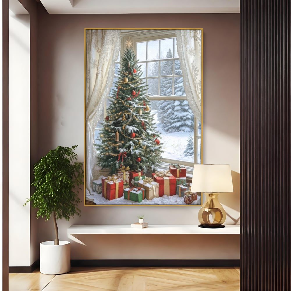 Tablou Canvas Premium LuxCanva® D1004, Brad de Craciun , Relaxare, Family, Sarbatori, Living Room, Globuri, Culori Vibrante