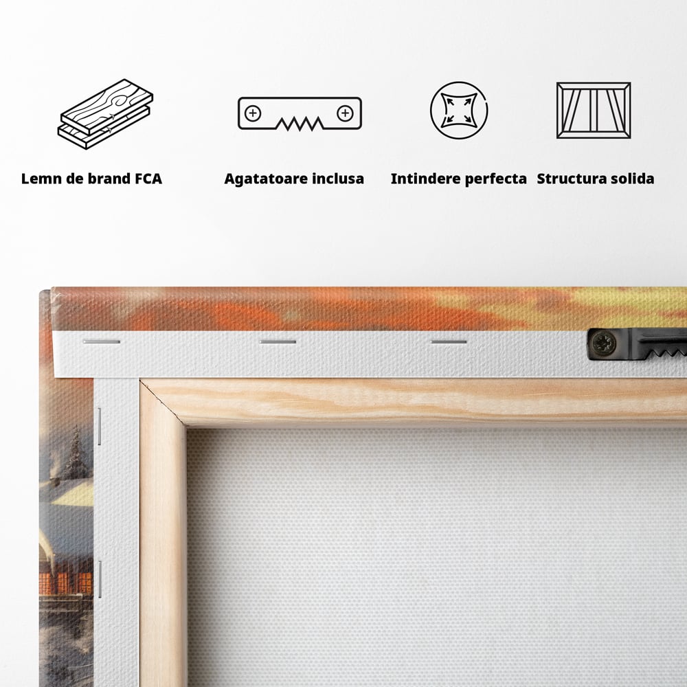 Tablou Canvas Premium LuxCanva® D1007, Rasarit la Cabana din Munti , Plimbare, Iarna, Vacanta, Liniste, Munti, Living Room, Omat, Culori Vibrante