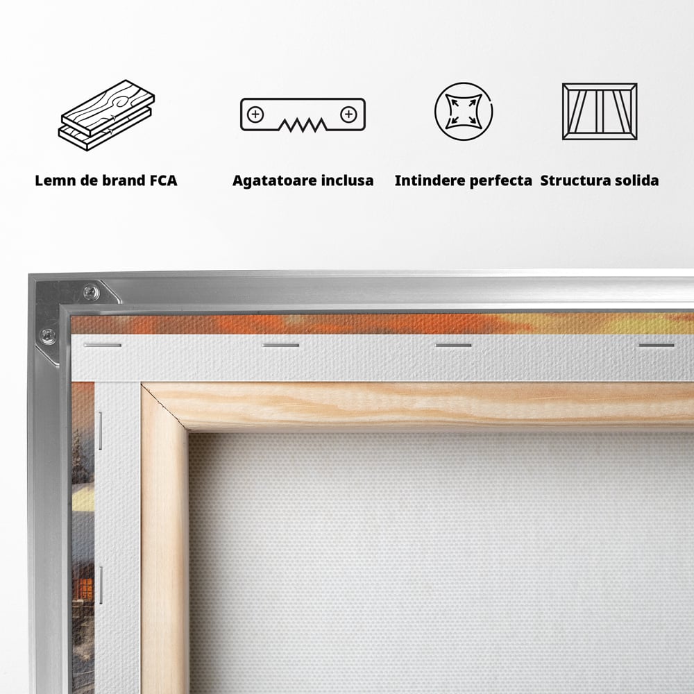 Tablou Canvas Premium LuxCanva® D1007, Rasarit la Cabana din Munti , Plimbare, Iarna, Vacanta, Liniste, Munti, Living Room, Omat, Culori Vibrante