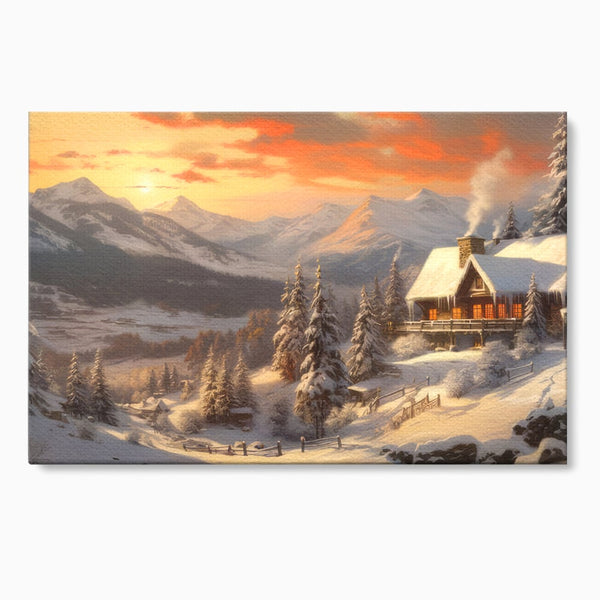 Tablou Canvas Premium LuxCanva® D1007, Rasarit la Cabana din Munti , Plimbare, Iarna, Vacanta, Liniste, Munti, Living Room, Omat, Culori Vibrante