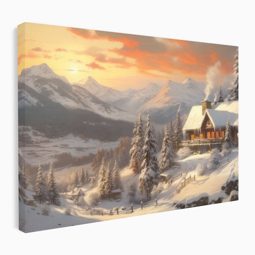 Tablou Canvas Premium LuxCanva® D1007, Rasarit la Cabana din Munti , Plimbare, Iarna, Vacanta, Liniste, Munti, Living Room, Omat, Culori Vibrante