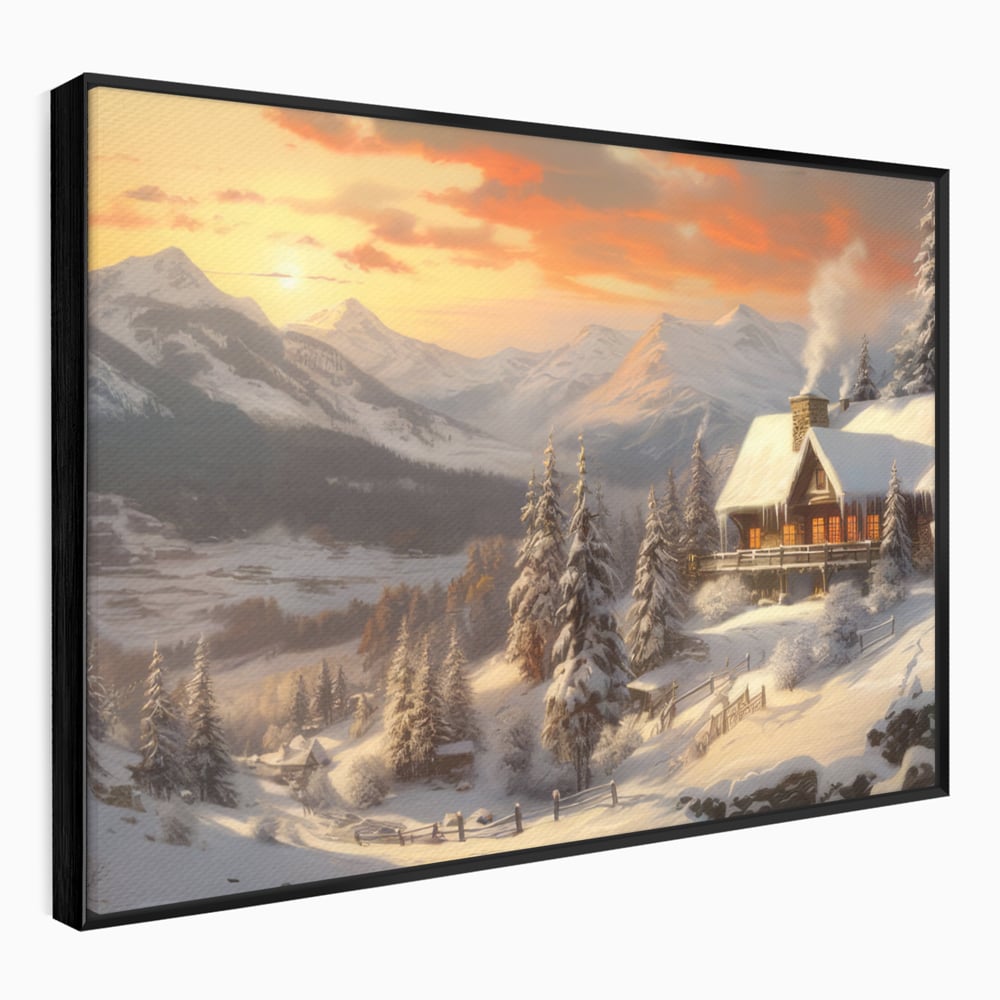 Tablou Canvas Premium LuxCanva® D1007, Rasarit la Cabana din Munti , Plimbare, Iarna, Vacanta, Liniste, Munti, Living Room, Omat, Culori Vibrante