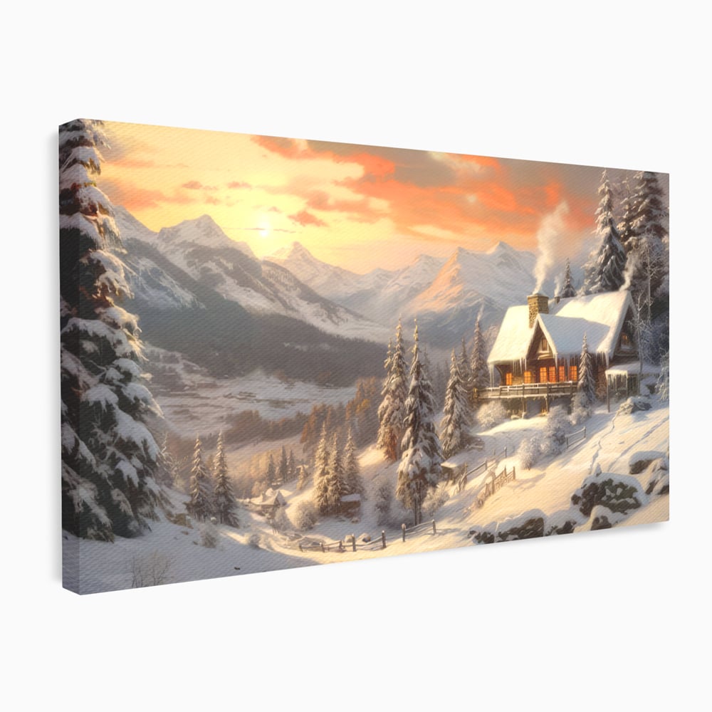 Tablou Canvas Premium LuxCanva® D1007, Rasarit la Cabana din Munti , Plimbare, Iarna, Vacanta, Liniste, Munti, Living Room, Omat, Culori Vibrante