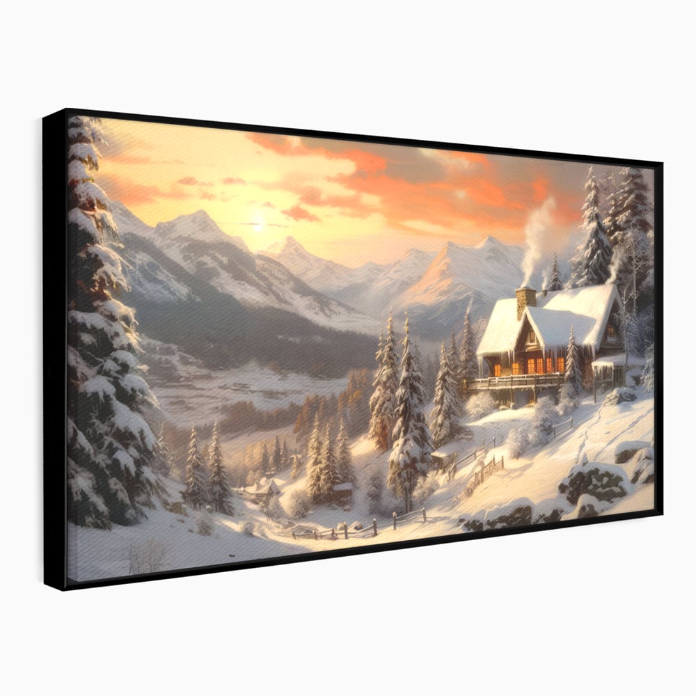 Tablou Canvas Premium LuxCanva® D1007, Rasarit la Cabana din Munti , Plimbare, Iarna, Vacanta, Liniste, Munti, Living Room, Omat, Culori Vibrante