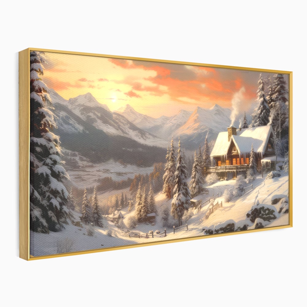 Tablou Canvas Premium LuxCanva® D1007, Rasarit la Cabana din Munti , Plimbare, Iarna, Vacanta, Liniste, Munti, Living Room, Omat, Culori Vibrante