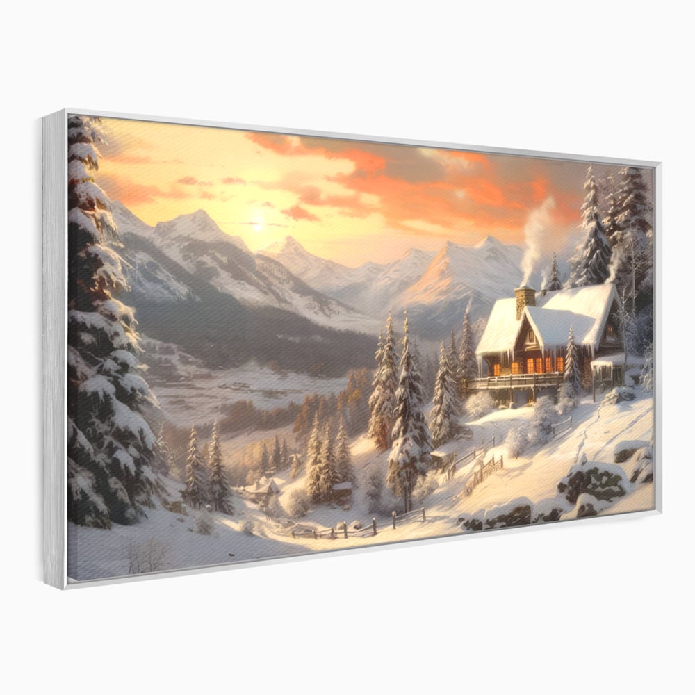 Tablou Canvas Premium LuxCanva® D1007, Rasarit la Cabana din Munti , Plimbare, Iarna, Vacanta, Liniste, Munti, Living Room, Omat, Culori Vibrante
