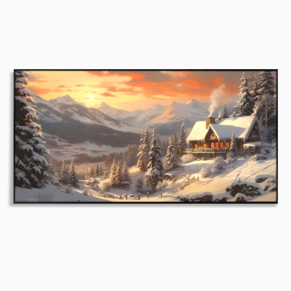 Tablou Canvas Premium LuxCanva® D1007, Rasarit la Cabana din Munti , Plimbare, Iarna, Vacanta, Liniste, Munti, Living Room, Omat, Culori Vibrante