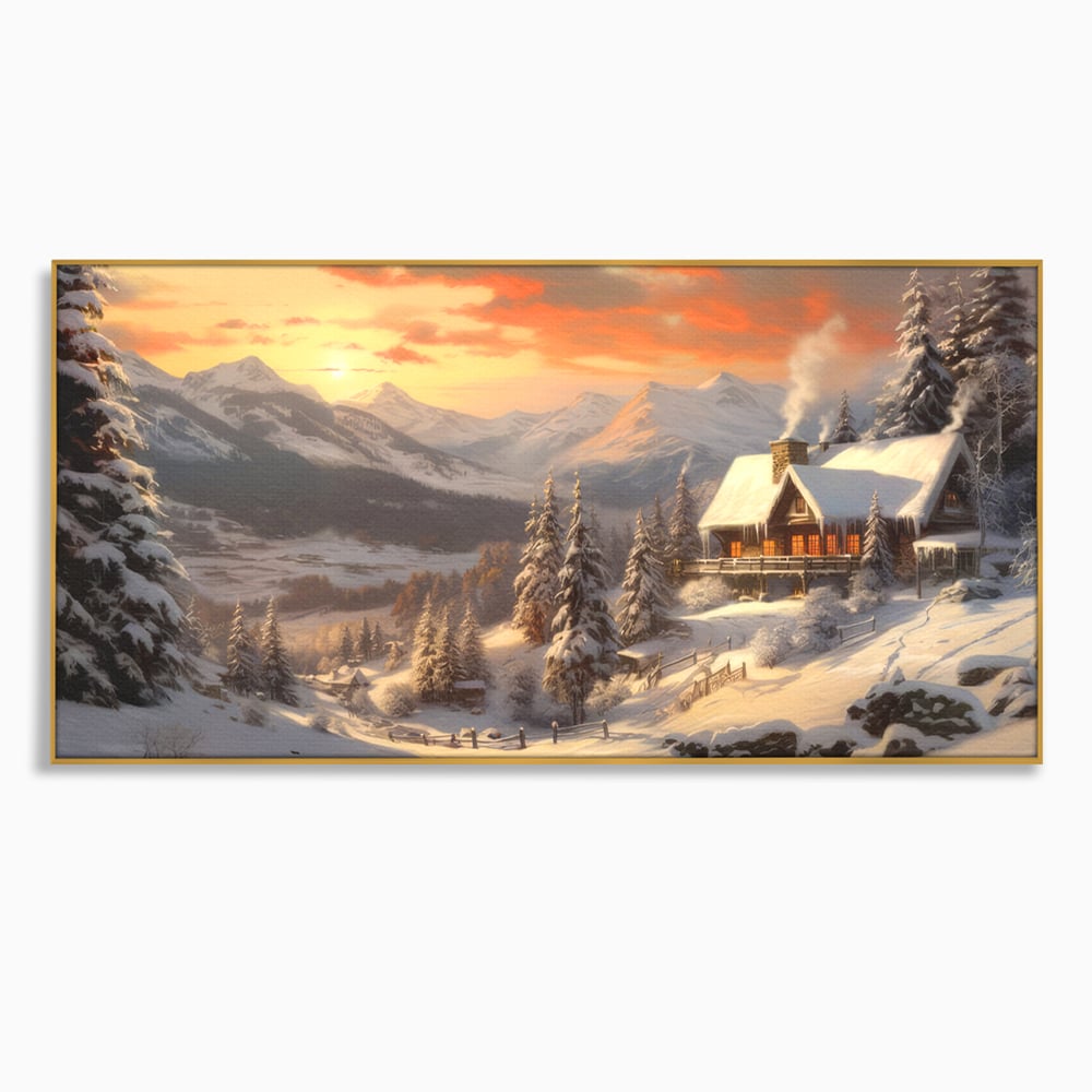 Tablou Canvas Premium LuxCanva® D1007, Rasarit la Cabana din Munti , Plimbare, Iarna, Vacanta, Liniste, Munti, Living Room, Omat, Culori Vibrante