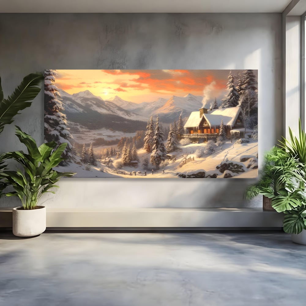 Tablou Canvas Premium LuxCanva® D1007, Rasarit la Cabana din Munti , Plimbare, Iarna, Vacanta, Liniste, Munti, Living Room, Omat, Culori Vibrante