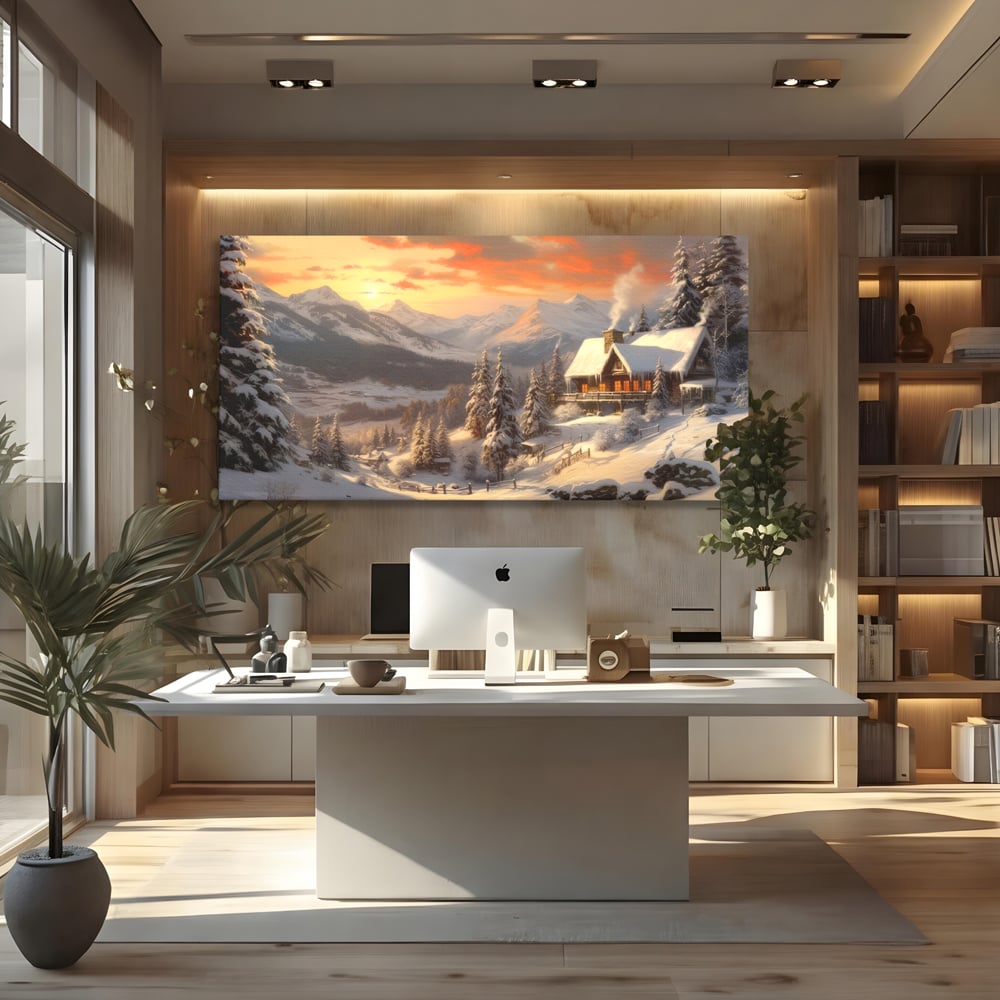Tablou Canvas Premium LuxCanva® D1007, Rasarit la Cabana din Munti , Plimbare, Iarna, Vacanta, Liniste, Munti, Living Room, Omat, Culori Vibrante