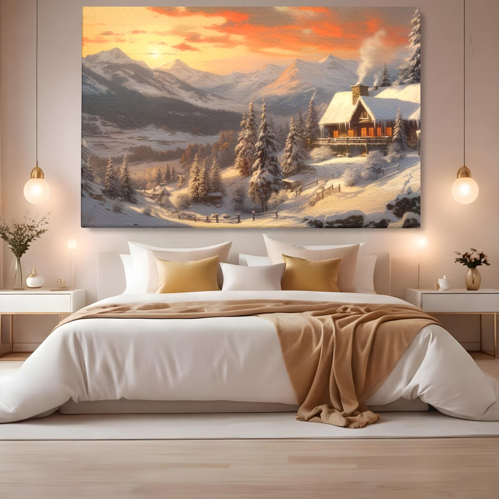 Tablou Canvas Premium LuxCanva® D1007, Rasarit la Cabana din Munti , Plimbare, Iarna, Vacanta, Liniste, Munti, Living Room, Omat, Culori Vibrante