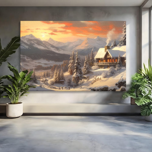 Tablou Canvas Premium LuxCanva® D1007, Rasarit la Cabana din Munti , Plimbare, Iarna, Vacanta, Liniste, Munti, Living Room, Omat, Culori Vibrante