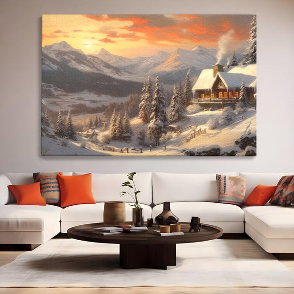 Tablou Canvas Premium LuxCanva® D1007, Rasarit la Cabana din Munti , Plimbare, Iarna, Vacanta, Liniste, Munti, Living Room, Omat, Culori Vibrante