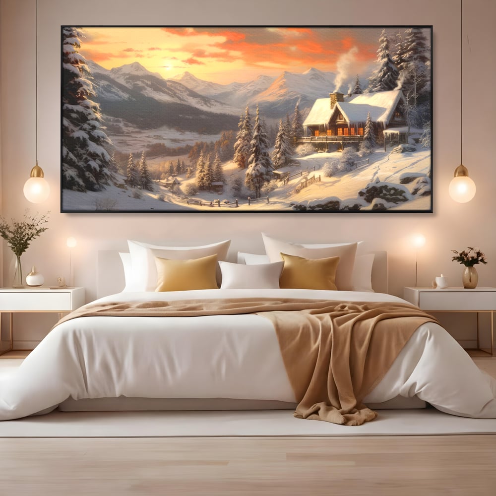 Tablou Canvas Premium LuxCanva® D1007, Rasarit la Cabana din Munti , Plimbare, Iarna, Vacanta, Liniste, Munti, Living Room, Omat, Culori Vibrante