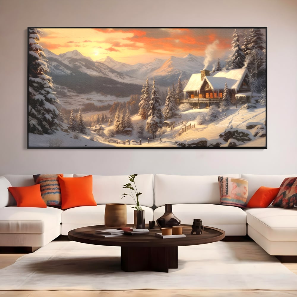 Tablou Canvas Premium LuxCanva® D1007, Rasarit la Cabana din Munti , Plimbare, Iarna, Vacanta, Liniste, Munti, Living Room, Omat, Culori Vibrante