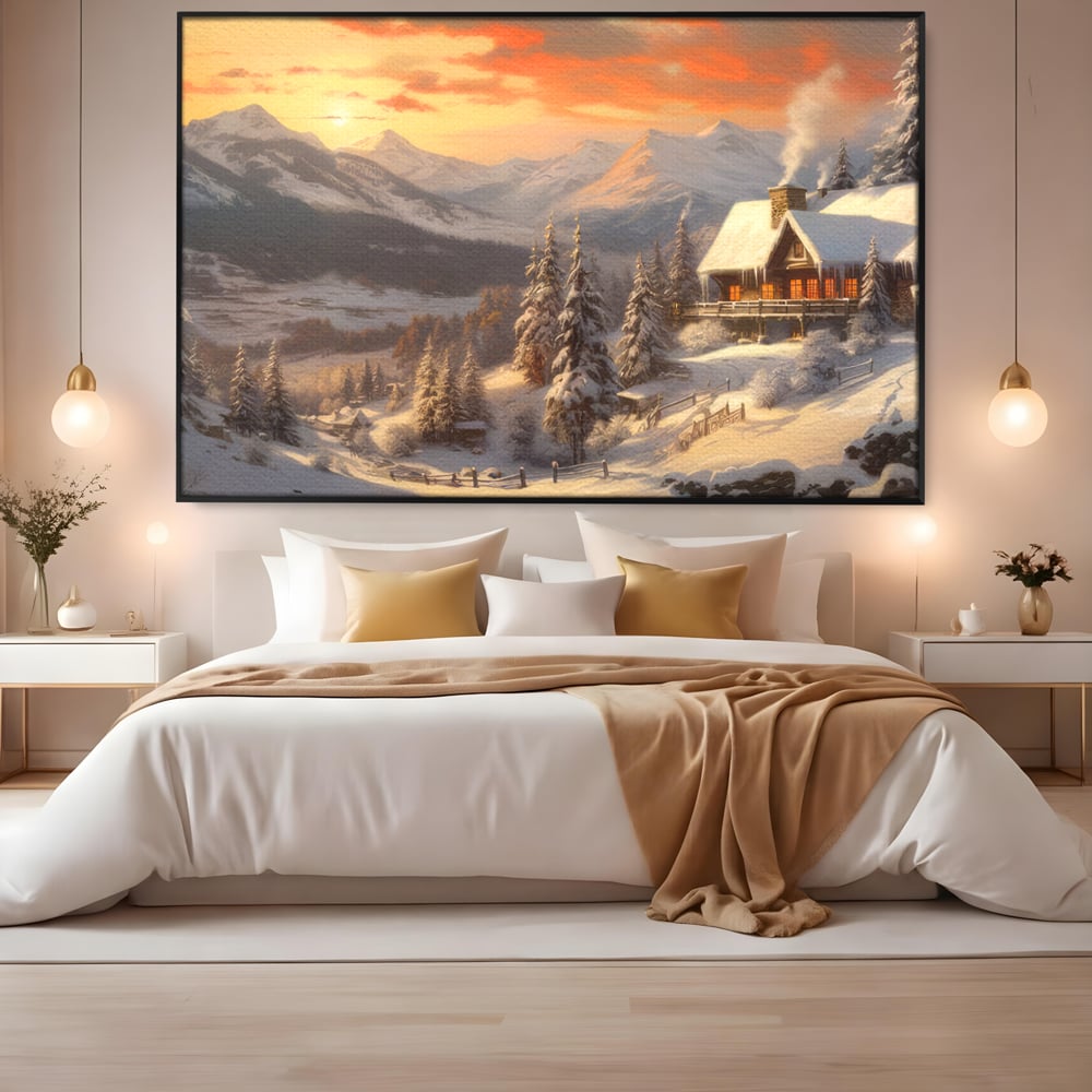 Tablou Canvas Premium LuxCanva® D1007, Rasarit la Cabana din Munti , Plimbare, Iarna, Vacanta, Liniste, Munti, Living Room, Omat, Culori Vibrante
