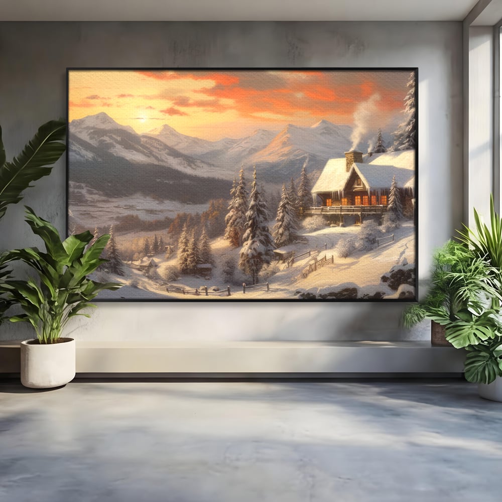 Tablou Canvas Premium LuxCanva® D1007, Rasarit la Cabana din Munti , Plimbare, Iarna, Vacanta, Liniste, Munti, Living Room, Omat, Culori Vibrante