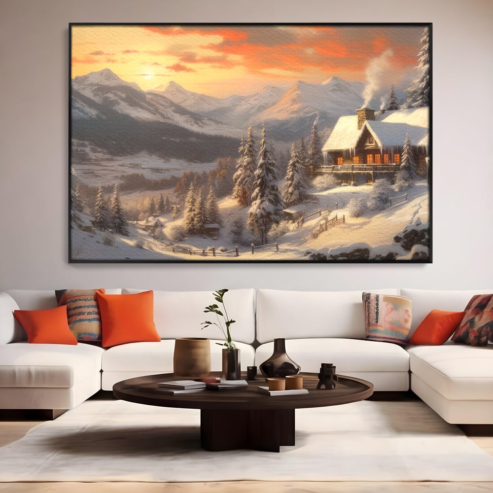 Tablou Canvas Premium LuxCanva® D1007, Rasarit la Cabana din Munti , Plimbare, Iarna, Vacanta, Liniste, Munti, Living Room, Omat, Culori Vibrante