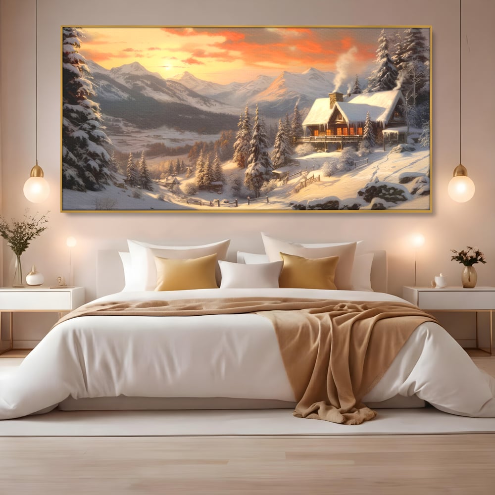 Tablou Canvas Premium LuxCanva® D1007, Rasarit la Cabana din Munti , Plimbare, Iarna, Vacanta, Liniste, Munti, Living Room, Omat, Culori Vibrante