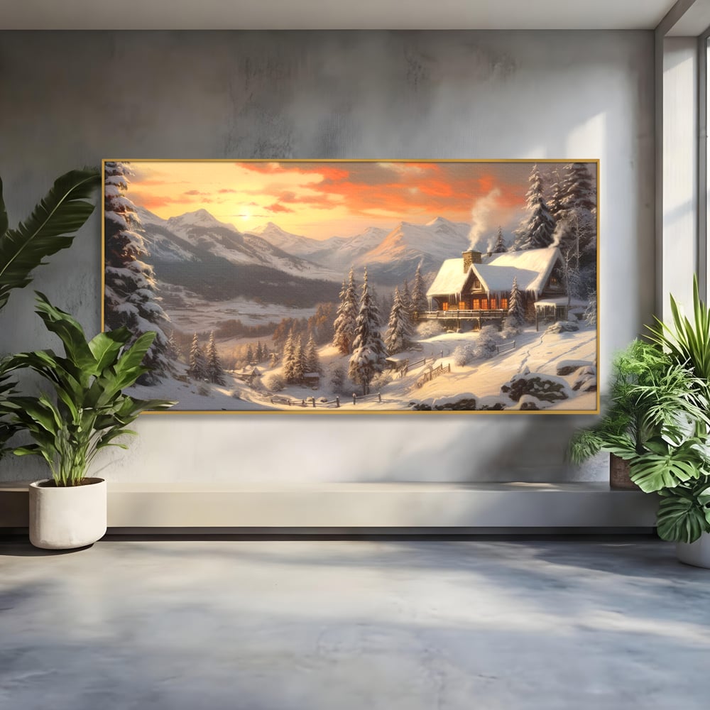 Tablou Canvas Premium LuxCanva® D1007, Rasarit la Cabana din Munti , Plimbare, Iarna, Vacanta, Liniste, Munti, Living Room, Omat, Culori Vibrante