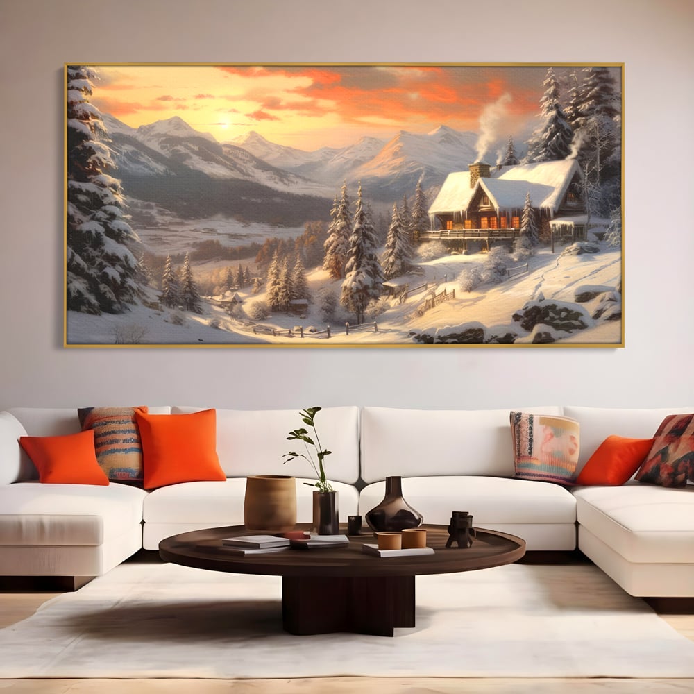 Tablou Canvas Premium LuxCanva® D1007, Rasarit la Cabana din Munti , Plimbare, Iarna, Vacanta, Liniste, Munti, Living Room, Omat, Culori Vibrante