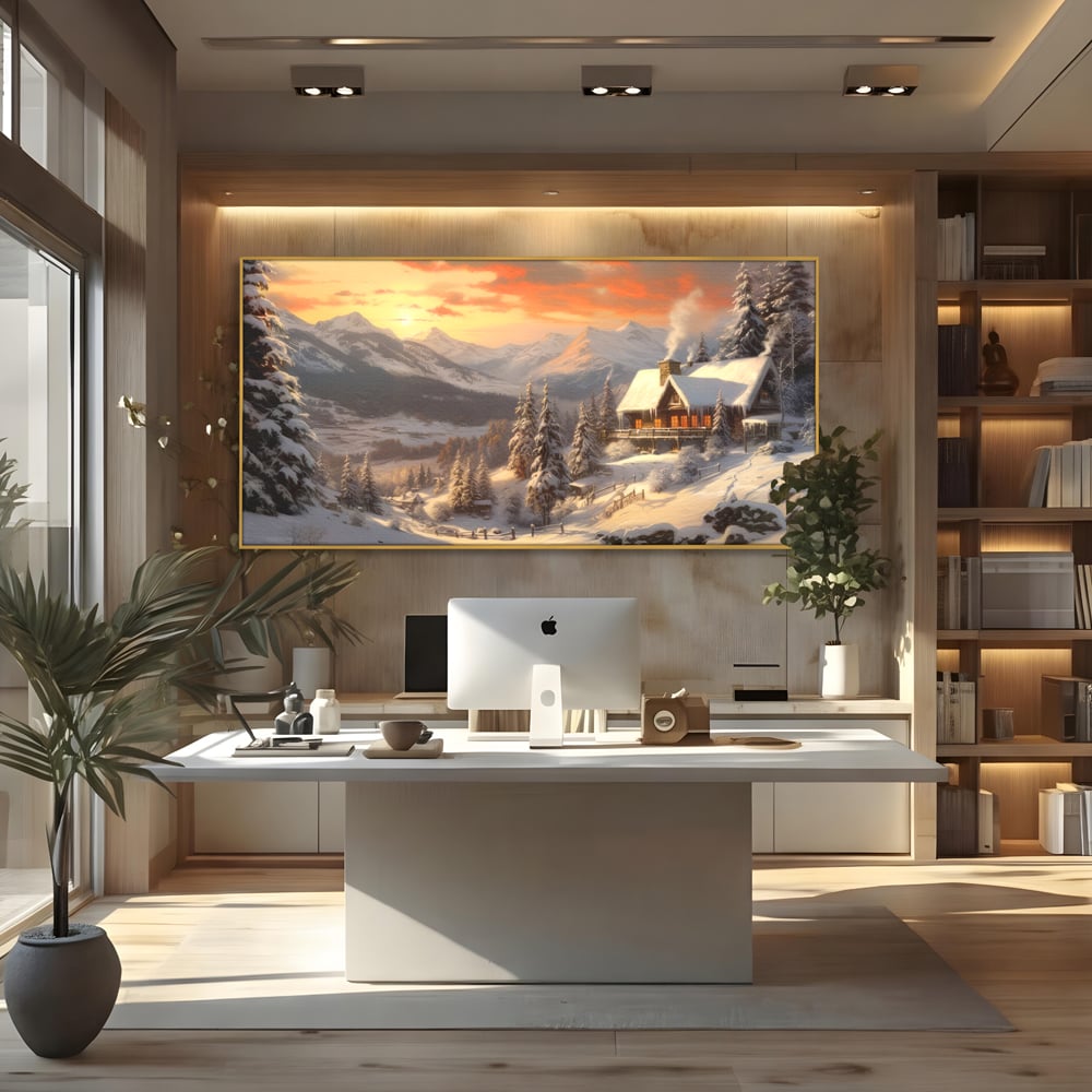 Tablou Canvas Premium LuxCanva® D1007, Rasarit la Cabana din Munti , Plimbare, Iarna, Vacanta, Liniste, Munti, Living Room, Omat, Culori Vibrante