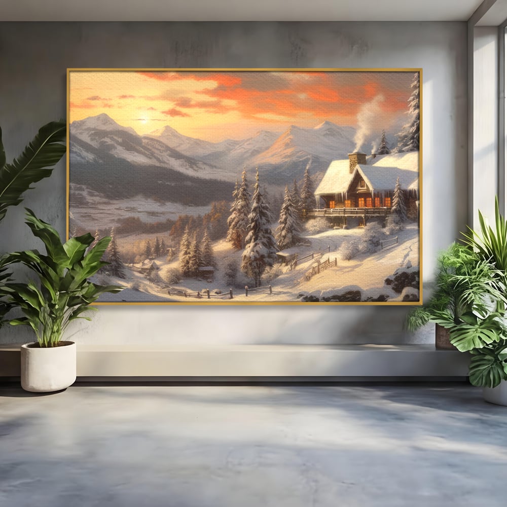 Tablou Canvas Premium LuxCanva® D1007, Rasarit la Cabana din Munti , Plimbare, Iarna, Vacanta, Liniste, Munti, Living Room, Omat, Culori Vibrante