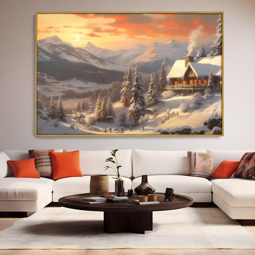 Tablou Canvas Premium LuxCanva® D1007, Rasarit la Cabana din Munti , Plimbare, Iarna, Vacanta, Liniste, Munti, Living Room, Omat, Culori Vibrante