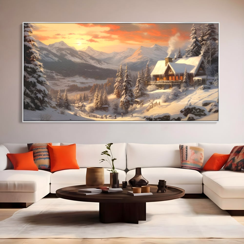 Tablou Canvas Premium LuxCanva® D1007, Rasarit la Cabana din Munti , Plimbare, Iarna, Vacanta, Liniste, Munti, Living Room, Omat, Culori Vibrante