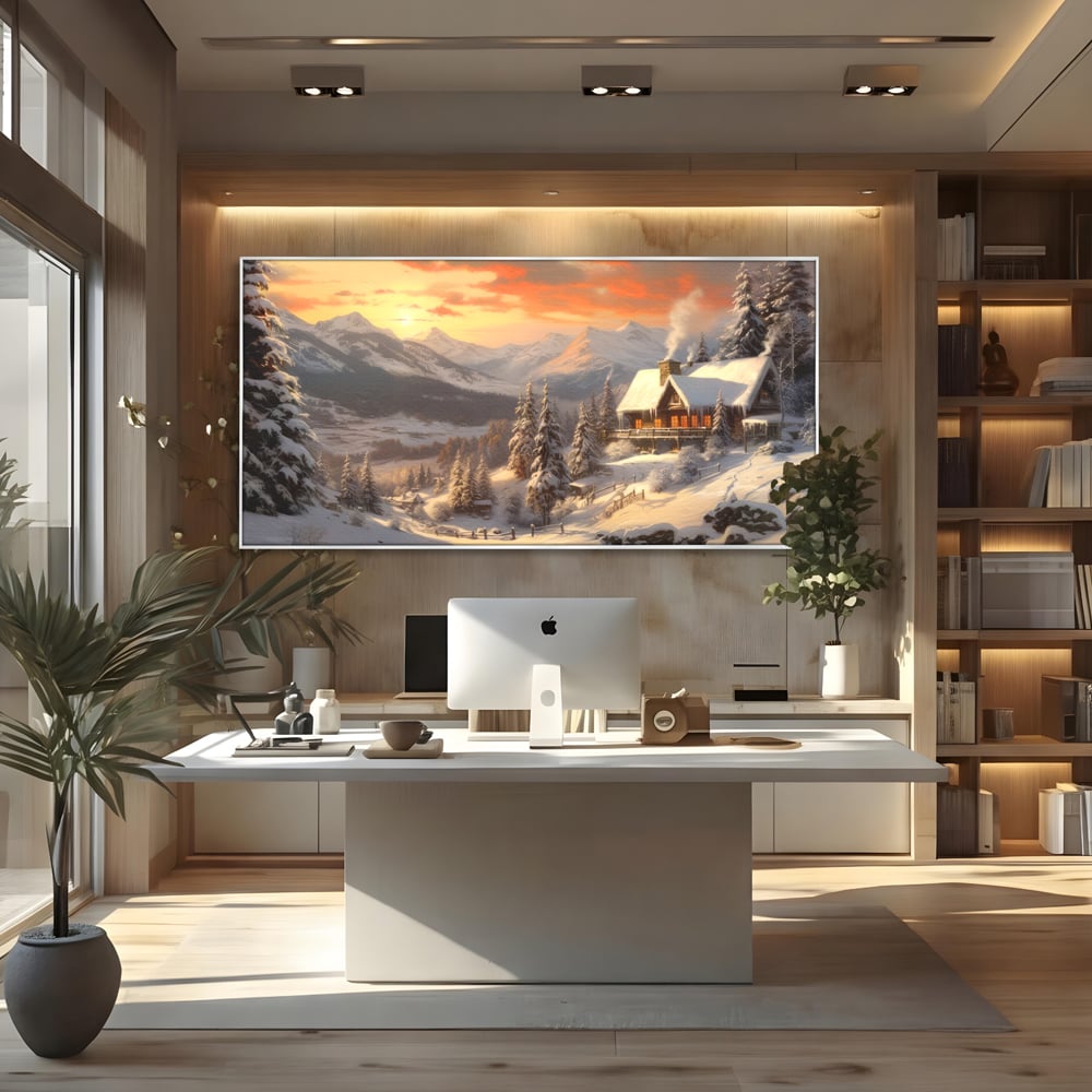 Tablou Canvas Premium LuxCanva® D1007, Rasarit la Cabana din Munti , Plimbare, Iarna, Vacanta, Liniste, Munti, Living Room, Omat, Culori Vibrante