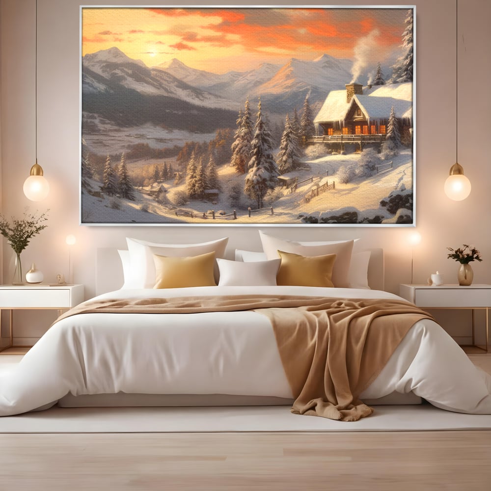 Tablou Canvas Premium LuxCanva® D1007, Rasarit la Cabana din Munti , Plimbare, Iarna, Vacanta, Liniste, Munti, Living Room, Omat, Culori Vibrante