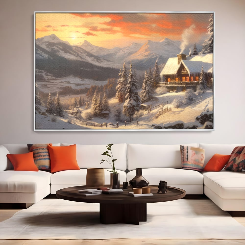 Tablou Canvas Premium LuxCanva® D1007, Rasarit la Cabana din Munti , Plimbare, Iarna, Vacanta, Liniste, Munti, Living Room, Omat, Culori Vibrante