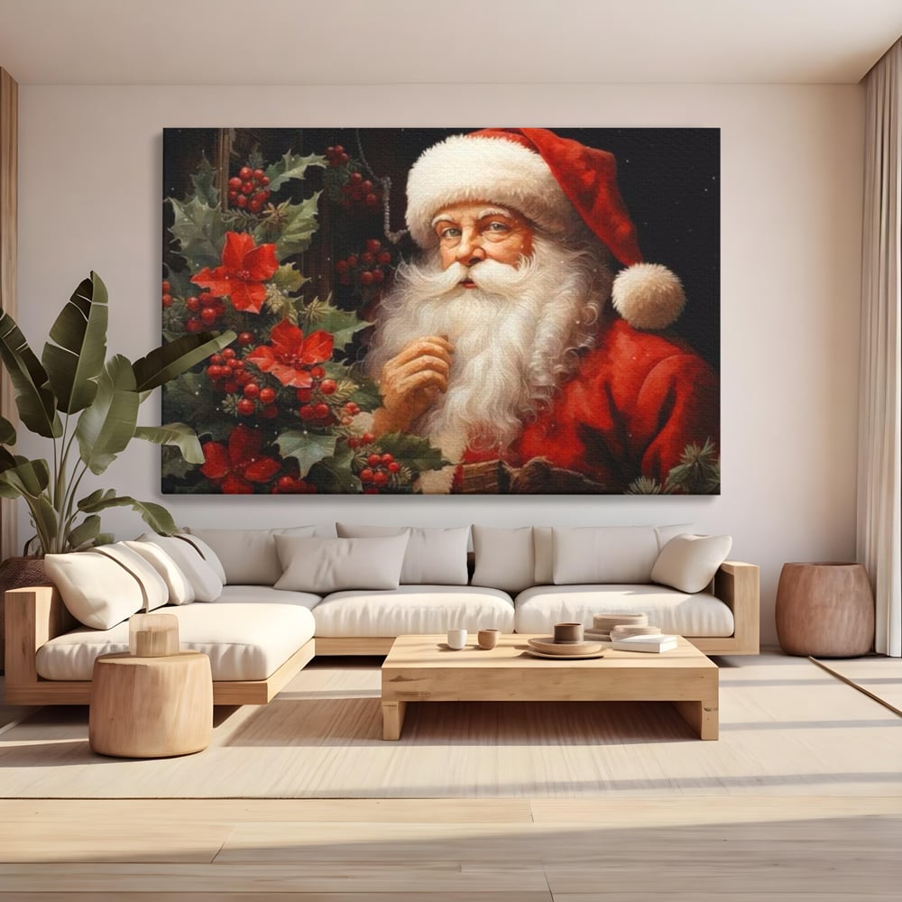 Tablou Canvas Premium LuxCanva® D1008, Mos Craciun cu Barba Alba , Santa Claus, Cadouri, Ajun, Copii, Living Room, Camera Copil, Rosu