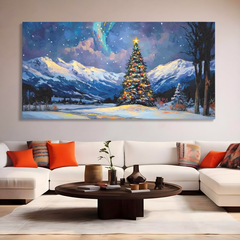 Tablou Canvas Premium LuxCanva® D1010, Noapte Inzapezita , Brad, Impodobit, Luminite, Noapte, Natura, Living Room, Culori vibrante