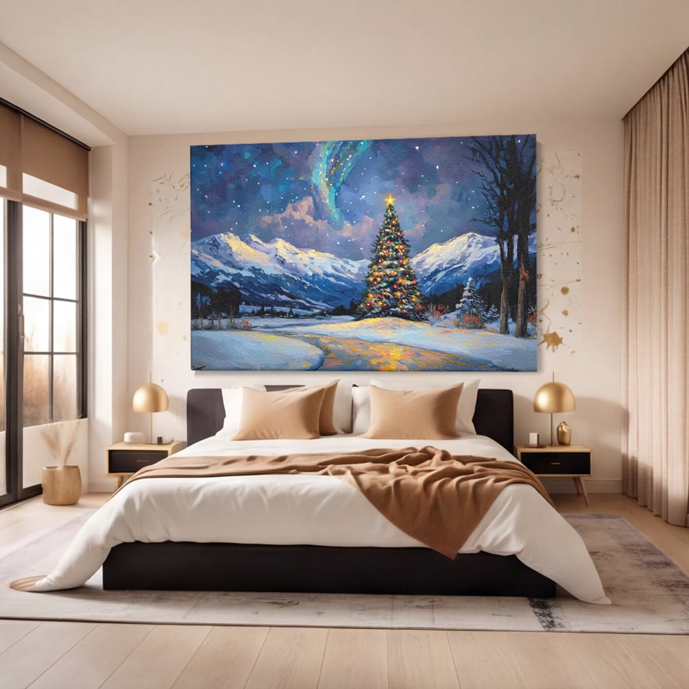 Tablou Canvas Premium LuxCanva® D1010, Noapte Inzapezita , Brad, Impodobit, Luminite, Noapte, Natura, Living Room, Culori vibrante