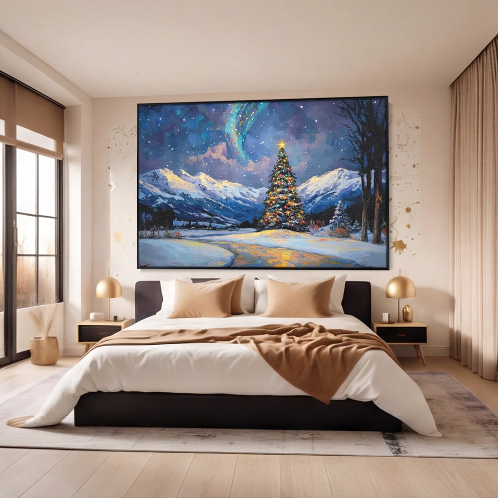 Tablou Canvas Premium LuxCanva® D1010, Noapte Inzapezita , Brad, Impodobit, Luminite, Noapte, Natura, Living Room, Culori vibrante