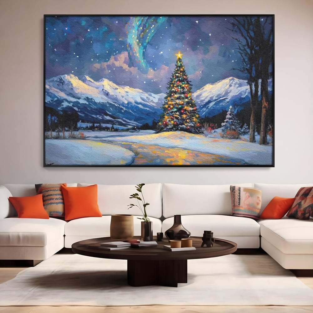 Tablou Canvas Premium LuxCanva® D1010, Noapte Inzapezita , Brad, Impodobit, Luminite, Noapte, Natura, Living Room, Culori vibrante