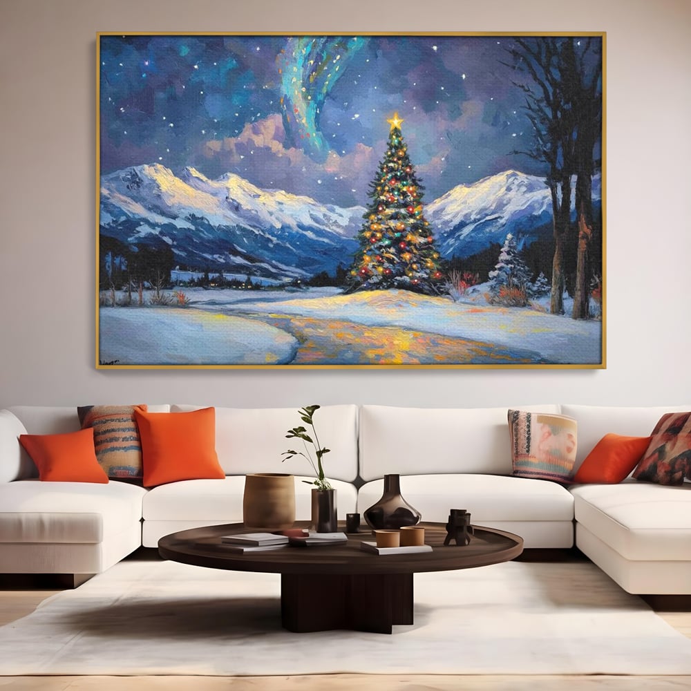Tablou Canvas Premium LuxCanva® D1010, Noapte Inzapezita , Brad, Impodobit, Luminite, Noapte, Natura, Living Room, Culori vibrante