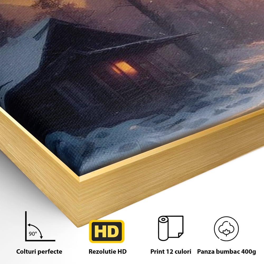 Tablou Canvas Premium LuxCanva® D1013, Cabana din Povesti , Cabana, Lemn, Apus, Mister, Magie, Living Room, Culori vibrante