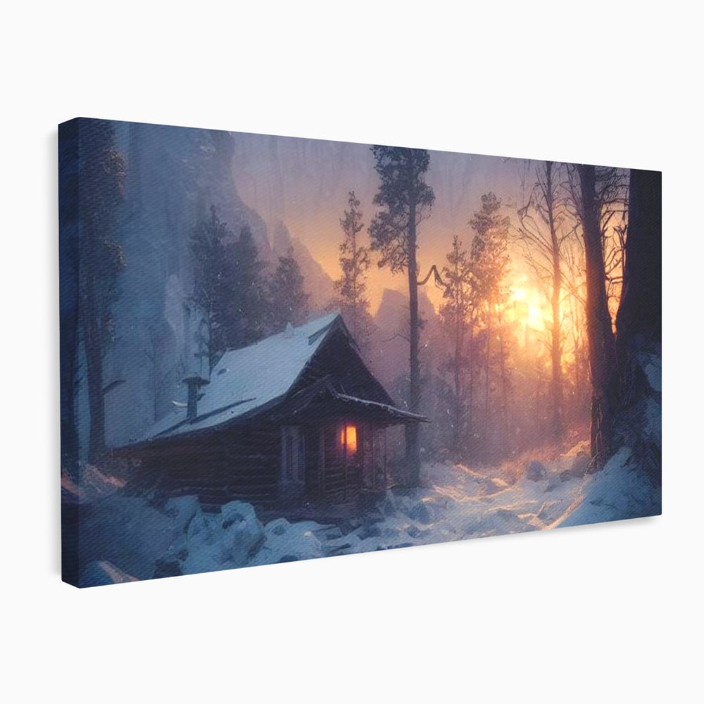 Tablou Canvas Premium LuxCanva® D1013, Cabana din Povesti , Cabana, Lemn, Apus, Mister, Magie, Living Room, Culori vibrante