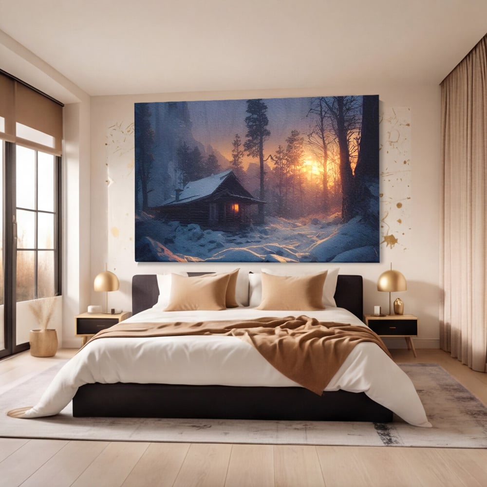 Tablou Canvas Premium LuxCanva® D1013, Cabana din Povesti , Cabana, Lemn, Apus, Mister, Magie, Living Room, Culori vibrante