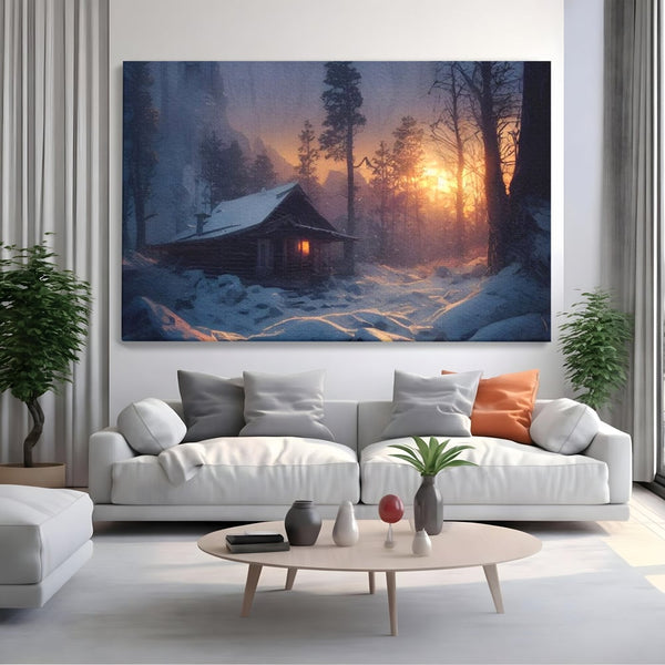 Tablou Canvas Premium LuxCanva® D1013, Cabana din Povesti , Cabana, Lemn, Apus, Mister, Magie, Living Room, Culori vibrante