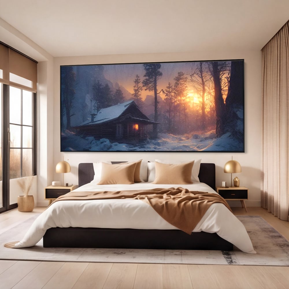 Tablou Canvas Premium LuxCanva® D1013, Cabana din Povesti , Cabana, Lemn, Apus, Mister, Magie, Living Room, Culori vibrante